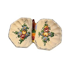 Vintage Italian Hand Painted Divided Candy Nut Dish Rooster Floral Farmhouse
